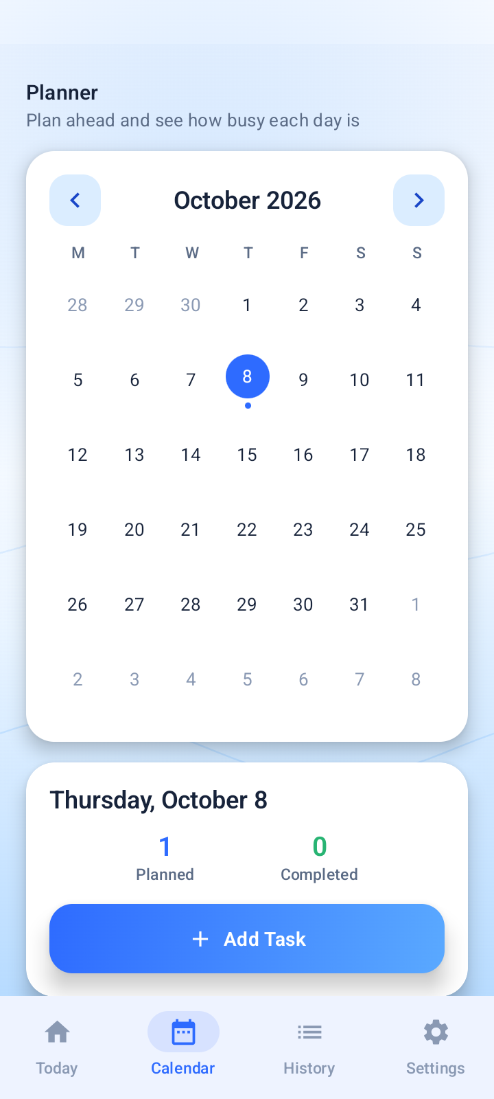 White Planner calendar screen