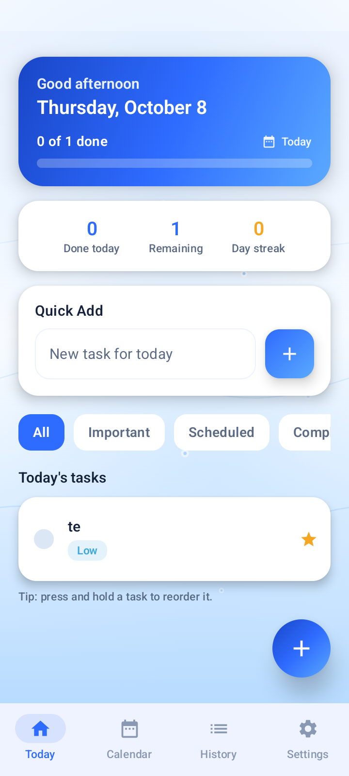 White Planner today screen